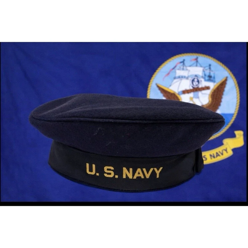 VTG WW2 WW1 US Navy Blue Wool Sailor Hat Flat Beret Cap 